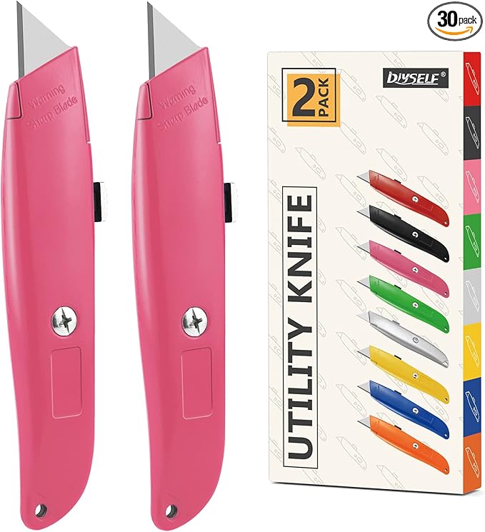 DIYSELF 30 Pack Box Cutter Heavy Duty Aluminium Shell Utility Knife | SK5 Steel Sharp Blade | Retractable Knife for Cutting Cartons Ropes and Cardboard | Home and Office Use (Pink)