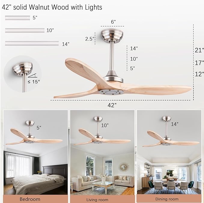 42" Wood Ceiling Fan No Lights with Remote Control，Wooden 3 Blades Ceiling Fans Without Light for Patio,Garage,Living Room,Bedroom,Office,Indoor/Outdoor(Nickel+Raw wood)