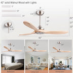 42" Wood Ceiling Fan No Lights with Remote Control，Wooden 3 Blades Ceiling Fans Without Light for Patio,Garage,Living Room,Bedroom,Office,Indoor/Outdoor(Nickel+Raw wood)