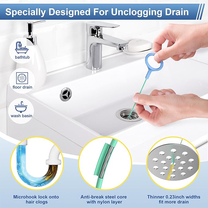 Drain Snake Clog Remover Tool: 5 × 30 Inch Sink Snake + 1 × 35.5 Inch Drain Cleaner Tool + 4 × 59 Inch Tube Drain Brush for Shower, Toilet, Bathroom Sink & Tub (10 Pack)