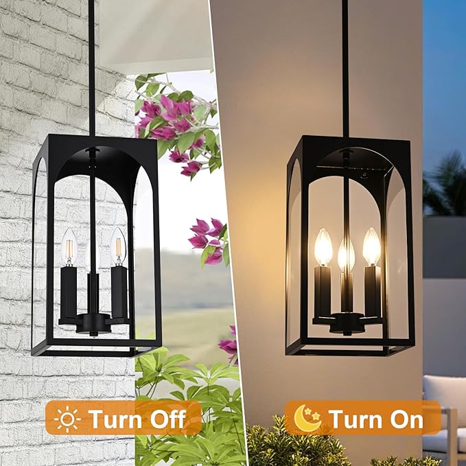 VINLUZ 3 Lights E12 Outdoor Pendant Lighting Fixture in Black Finish Finish, Farmhouse Hanging Lantern Chandelier with Clear Glass Shade for Porch Entryway Hallway