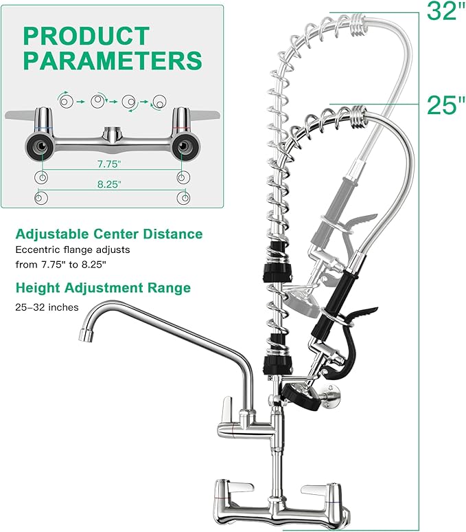 Commercial Sink Faucet with Pre-Rinse Sprayer -Height Adjustable (25-32 inch) Wall Mount Industrial Kitchen Faucet 8 inch Center with Pre-Rinse Sprayer and 12 Inch Swivel Spout