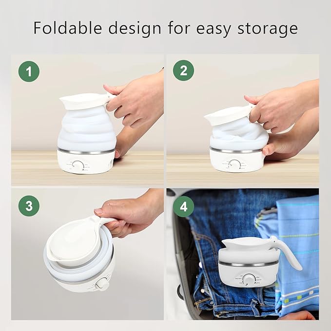Travel Foldable Electric Kettle, Collapsible Kettle Travel Electric Collapsible Electric Tea Kettle Food Grade Silicone 850W Fast Boiling Water, 110V 700ml (White)