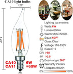 LiteHistory E12 led Bulb Dimmable 6W Equal 60 Watt LED Light Bulbs 2700K AC120V led Edison Bulb CA10 CA11 led Candelabra Bulb for Chandelier Light Bulbs and Ceiling Fan Light Bulbs 600LM Clear 12Pack