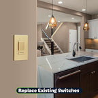 TOPGREENER Dimmer Switch with Light Adjustment Slider, Single Pole or 3 Way, 150W LED, 600W Incandescent/Halogen, 120V 60Hz, UL Listed, TGDMDS-120-GD, Gold