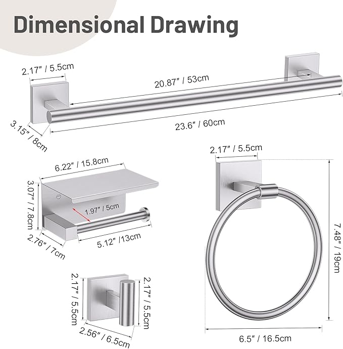 5-Piece Brushed Nickel Bathroom Hardware Set, SUS304 Stainless Steel Bathroom Accessories Set 23.6 inches Towel Bar, Toilet Paper Holder with Shelf, Towel Ring and Two Towel Hooks Wall-Mounted