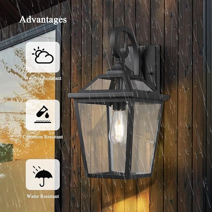 Outdoor Lanterns, Black Exterior Light Fixtures Mounted with Clear Glass, 18 Inch Tall Outdoor Wall Sconces Lamp for House, Doorway, Garage, Patio, 2 Pack