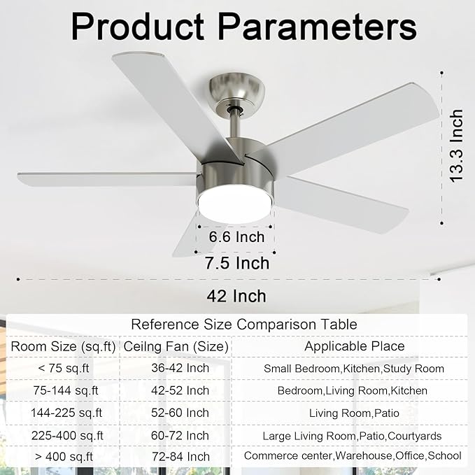 42 Inch Brushed Nickel Ceiling Fans with Lights,Ceiling Fan with Remote Control,Reversible DC Motor,3 CCT 6-Speed,Noiseless Ceiling Fan for Bedroom,Living Room,Dining Room,ETL Listed