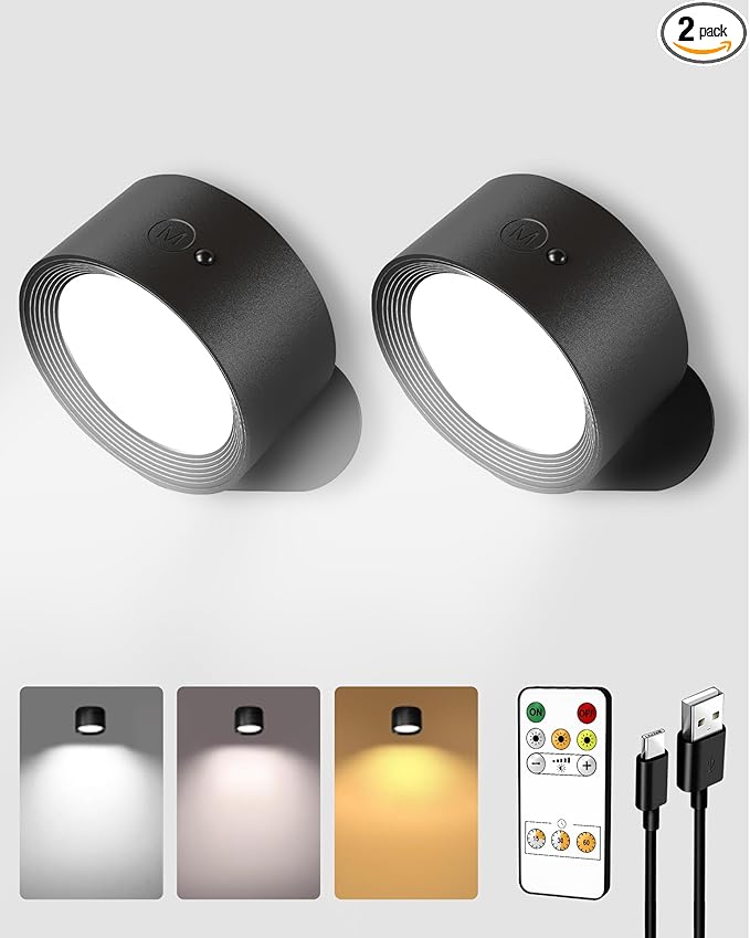 LED Wall Mounted Lights, Rechargeable Wall Sconces Lamp, 3 Color Temps & Remote and Touch, 360°Rotation Dimmable Cordless Wall Light for Study Bedroom Reading Bedside(Black, 2 Pack)