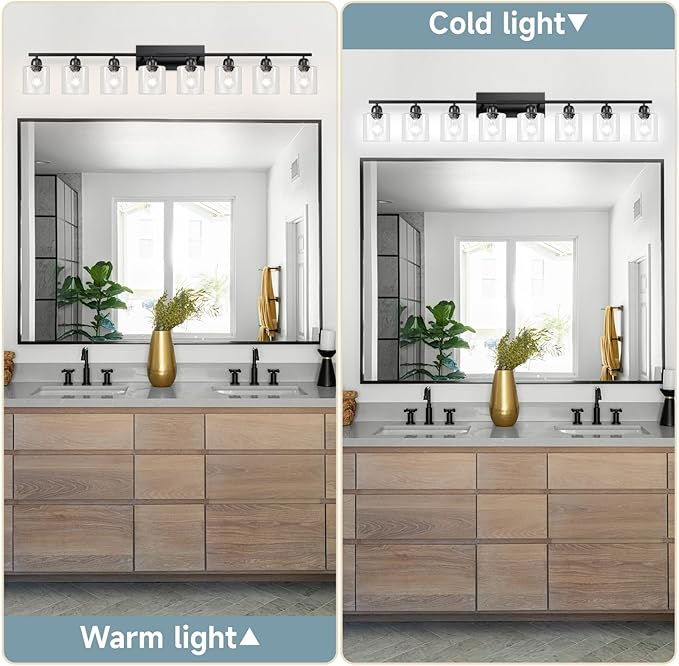 Modern 8 Light 52 inch Vanity Lights for Bathroom with Clear Glass, Black Bathroom Light Fixture for Mirror Kitchen Living Room Hallway Cabinet Porch