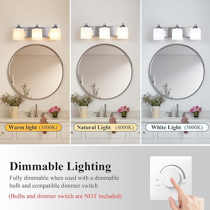 Stainless Steel Milk Glass Vanity Lights for Bathroom, 3 Light Polished Chrome Bathroom Light Fixtures Over Mirror, Ceramic E26 Sockets Wall Mounted