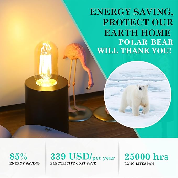 AMDTU LED Edison Bulbs 40 watt Dimmable, Straight Filament Vintage 4W E26 Bulb 40W Equivalent, Warm Yellow 2200K E26 Edison Bulb,T45 Amber Glass Tubular Light Bulbs, AC120V, 400LM, UL Listed, 4 Pack