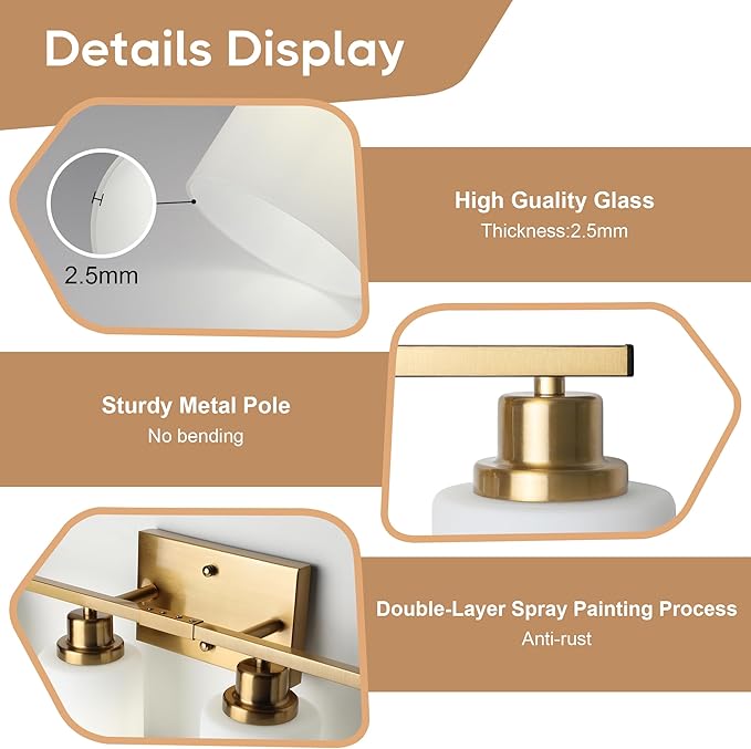 Ascher Bathroom Light Fixtures, 4-Light Vanity Light Over Mirror, Gold Wall Sconces with Milky White Frosted Glass Shades, Wall Lamp for Living Room Bedroom, E26 Base(Bulbs Not Included)