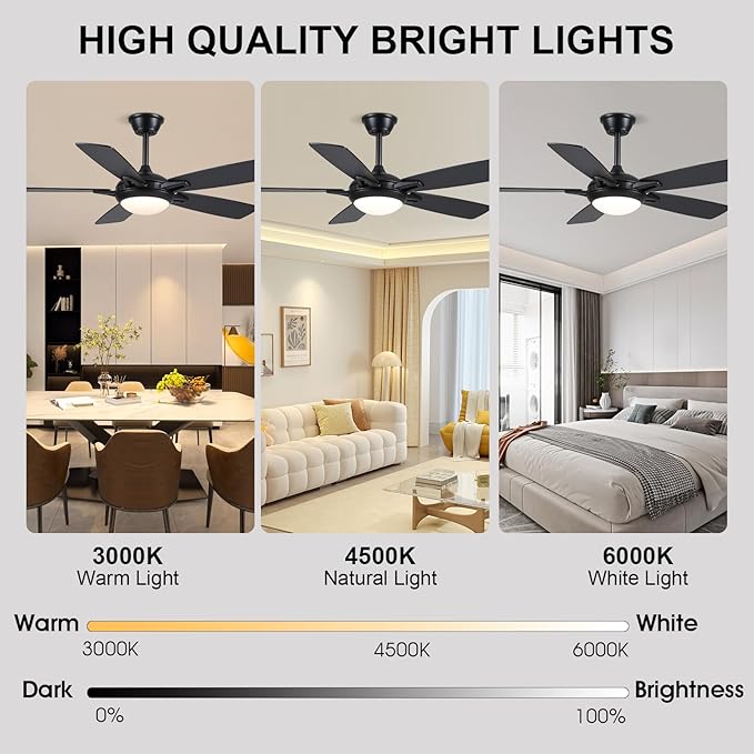 52 Inch Ceiling Fans with Lights and Remote, Modern Indoor Outdoor Ceiling Fan for Bedroom Living Room Patio Porch, 6 Speeds, Reversible Quiet Motor, Dual Finish Wooden Blades, Black