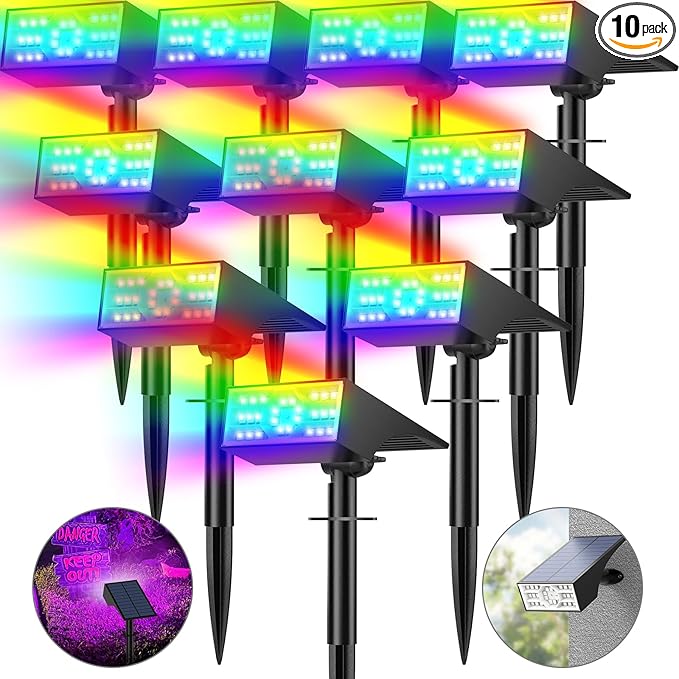 Solar Color Changing RGB Spot Lights Outdoor, 10 Pack/7 Lighting Modes Multicolor Outdoor Lights for Yard Waterproof IP68, Halloween Christmas Solar Landscape Powered Lights Garden Pathway