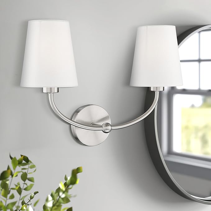 Emak 2-Light Bathroom Light Fixtures, Modern Brushed Nickle Vanity Light with Fabric Shade, Wall Sconces for Bathroom, Living Room, Bedroom, VL116-BN-2