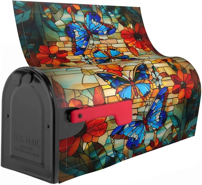 Giwawa Stained Glass Butterfly Mailbox Cover Fall Mailbox Covers Magnetic Autumn Mail Box Covers Standard Size 18 x 21 Thanksgiving Decorations Outdoor Welcome Mailbox Wrap