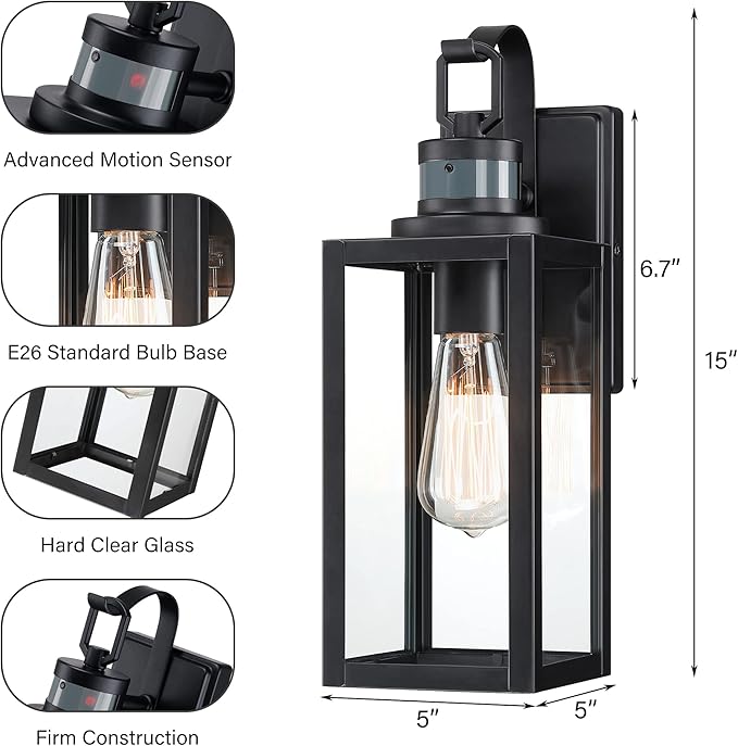 Pia Ricco Motion Sensor Outdoor Wall Lantern, Dusk to Dawn Lighting Sconce, Modern Matte Black Exterior Light Fixture, Waterproof Mount Porch Lights With Clear Glass for Garage, ETL Listed