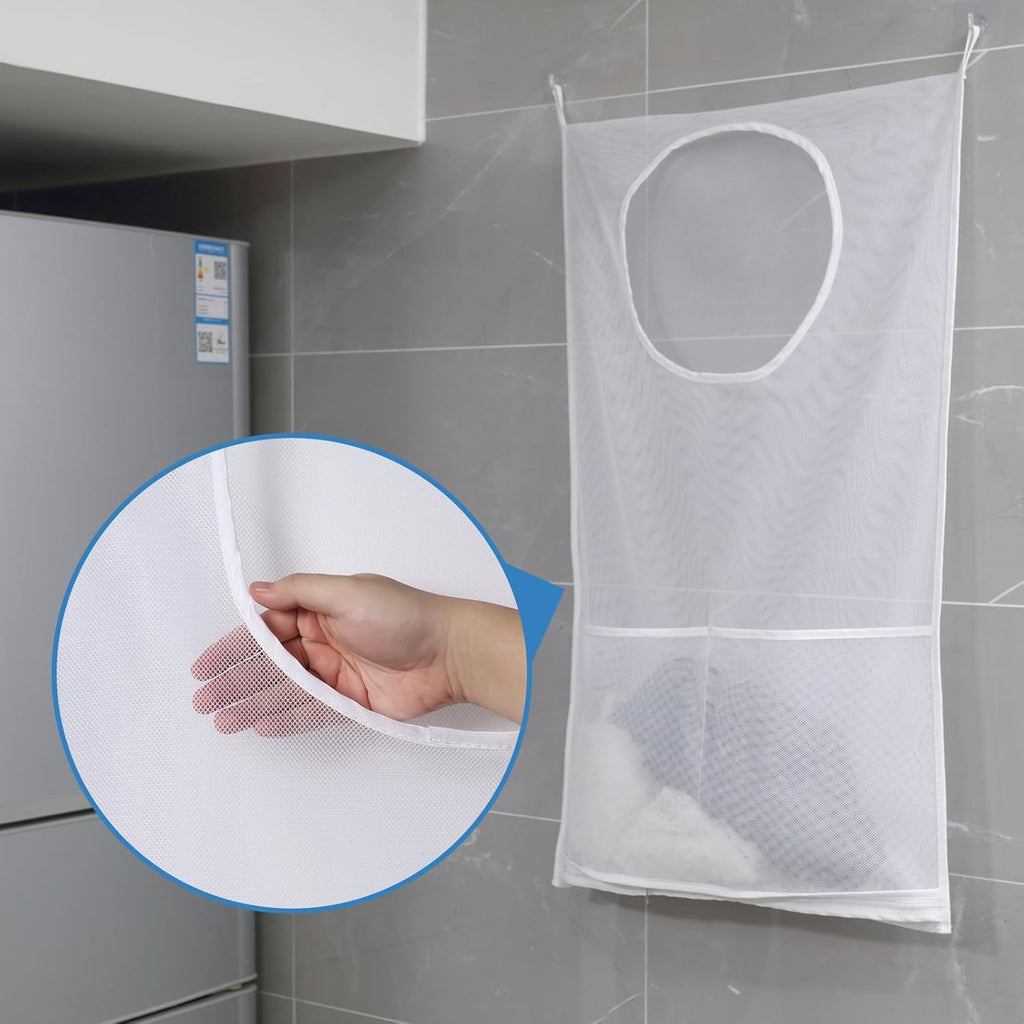Saves Space Door-Hanging Laundry Bag,Door Hanging Laundry Hamper with 2 Different Types of Hooks, Polyester Fabric Hanging Laundry Basket for Clothes Size 22"X37" -2 Pack White