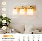 3 Light Modern Bathroom Light Fixtures Over Mirror, Brass Finish Vanity Lights for Bathroom Wall Sconces with Milky White Glass Shades, E26 Socket (Bulbs Not Included)