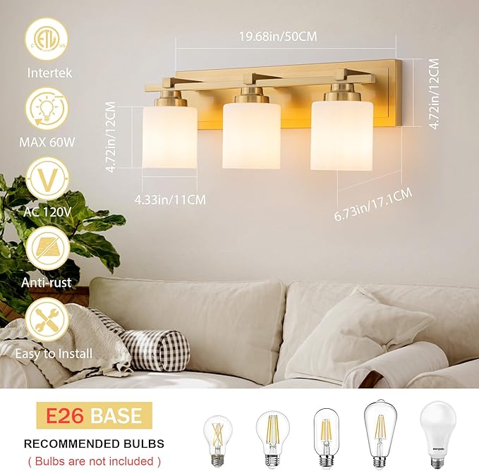 3 Light Modern Bathroom Light Fixtures Over Mirror, Brass Finish Vanity Lights for Bathroom Wall Sconces with Milky White Glass Shades, E26 Socket (Bulbs Not Included)