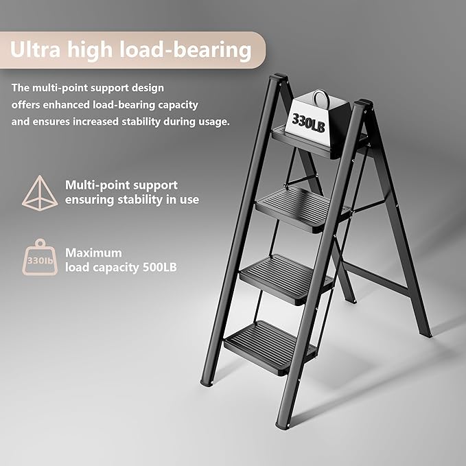Step Ladder 4 Step Folding, Sturdy 330 Lbs Small Step Stool for Adults, Closet Step Stool Ladder with Anti-Slip Wide Pedals, Portable Folding Ladder for Home Kitchen Office