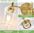 3-Light Bathroom Light Fixtures, 19.5 Inch Brushed Gold Vanity Lights with Wine-Glass Shape, Bathroom Lights Over Mirror, Modern Wall Lamps for Bedroom Living Room Hallway