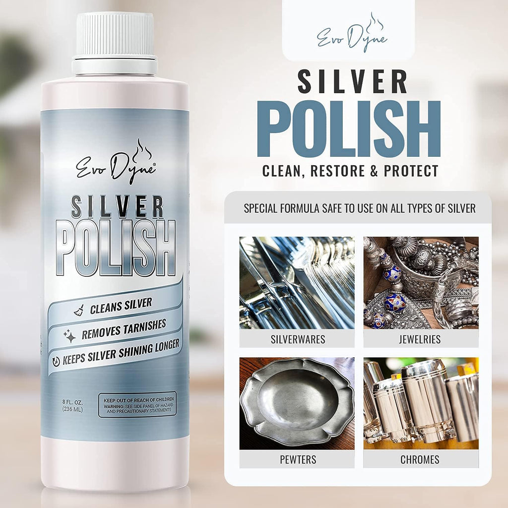 Silver Polish, Silver Cleaner (8-oz Bottle), Made in the USA | Silver Jewelry Cleaner – Gently Removes & Prevents Tarnish | Safe to Use on All Silvers by Evo Dyne (Silver Polish)