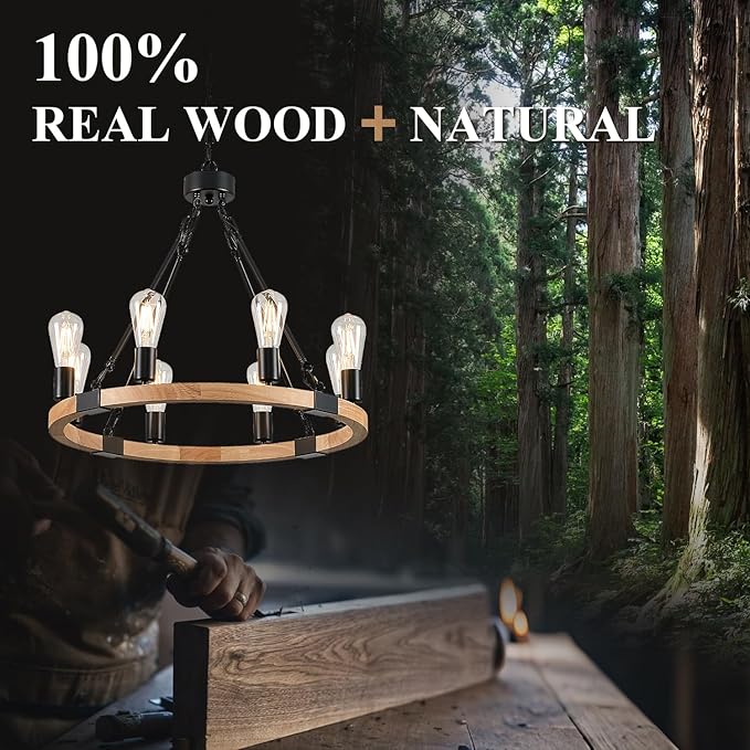 8 Lights Wooden Wagon Wheel Chandelier Natural Farmhouse 23.6'' Black Metal Light Fixtures Rustic Wood Round Chandelier for Living Dining Room Kitchen Entryway Foyer