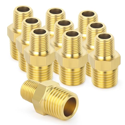 TAISHER 10PCS Brass Pipe Fitting, Reducer Adapter, Hex Nipple, 3/8-Inch Male Pipe x 1/4-Inch Male Pipe
