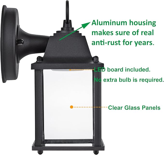 LIT-PaTH Outdoor LED Wall Lantern, Wall Sconce Exterior Porch Lighting Fixture, 3000K Warm White, 9.5W 800 Lumen, Aluminum Housing Plus Glass, Black Finish, 2-Pack