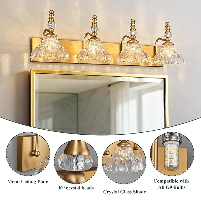 Vintage Bathroom Vanity Light, 4-Light Brass Vanity Lighting Fixture with Flower Glass Shade, Bathroom Lighting Fixtures Over Mirror