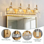 Vintage Bathroom Vanity Light, 4-Light Brass Vanity Lighting Fixture with Flower Glass Shade, Bathroom Lighting Fixtures Over Mirror