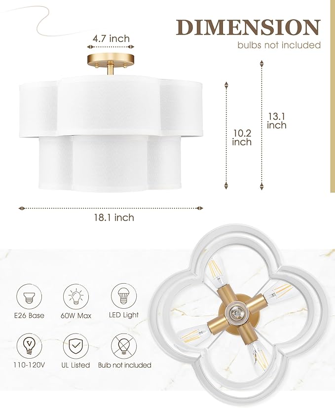 Gold Semi Flush Mount Ceiling Light, 5-Light 18" Ceiling Light Fixtures with Double Fabric Drum Shade in Quatrefoil Shape, Light Fixtures Ceiling Mount for Nursery Bedroom, AD-22007-5SF-GD
