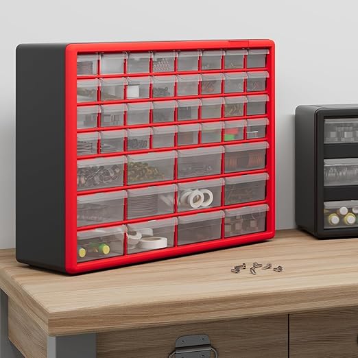 Akro-Mils 44-Drawer Plastic Drawer Storage Cabinet for Garage Organization, Bead Organizer, Building Bricks Storage, Teacher Toolbox, Makeup Organizer, 20-Inch W x 6-Inch D x 16-Inch H, 10144 Red
