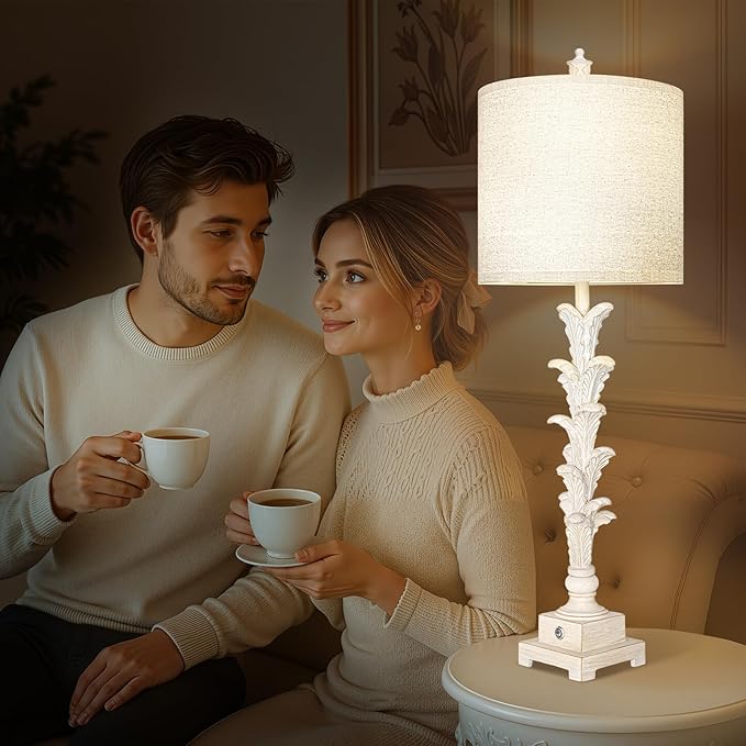 Vintage Table Lamps Set of 2, 3-Way Dimmable Touch Buffet Lamps with 2 USB Ports, 33'' Bedside Nightstand Lamps with Linen Shades, Rustic Farmhouse Table Lamps for Living Room Bedroom, Washed White
