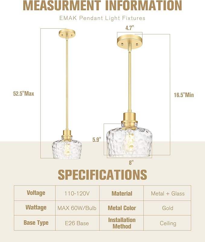 Emak Gold Pendant Lights Kitchen Island, 8 Inch Hammered Glass Pendant Light Fixtures, Modern Hanging Lights for Kitchen,Dining Room, Bathroom, PL122-GD-HG