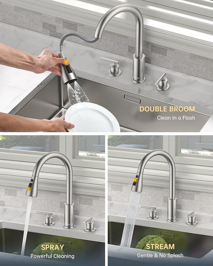 APPASO 2 Handle Kitchen Faucet, Brushed Nickel 3 Hole Kitchen Sink Faucet，Modern High Arc 3 Modes Stainless Steel Faucet for Kitchen Sink