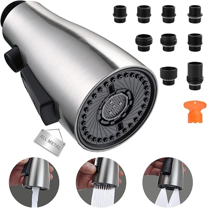 Metal Kitchen Faucet Head Replacement, 3-Function Pull Down Spray Head for Kitchen Faucet, High Pressure Sink Spray Nozzle with 9 Adapters Compatible with American Standard, Brushed Nickel
