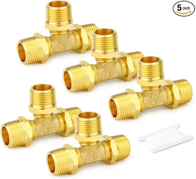 GASHER 5PCS Brass Male Tee Pipe Fitting T Adapter, 3 Way Brass Fitting 1/2" x 1/2" x 1/2" NPT T Fitting