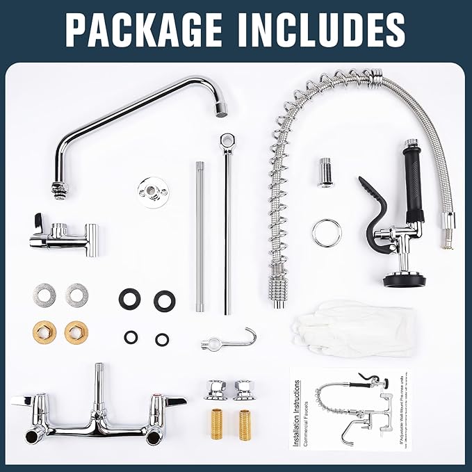 Commercial Faucet with Sprayer, 36 Inch Height Commercial Sink Faucet Wall Mount with 8" Adjustable Center and 12" Add-on Swing Spout & Pull Down Pre Rinse Sprayer