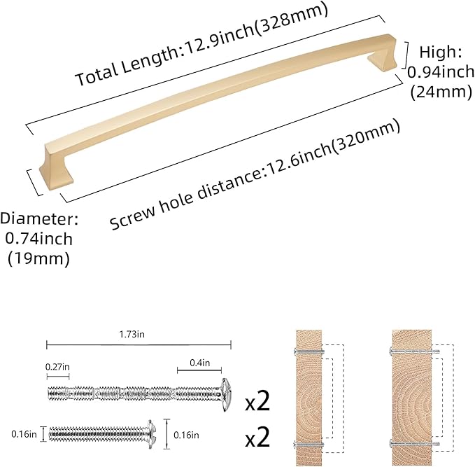 COTYKILEY 10 Pack 12.6 Inch(320mm) Brushed Brass Cabinet Handles Gold Kitchen Cabinet Pulls Cabinet Door Handles Kitchen Cabinet Hardware Cupboard Drawer Pulls Dresser Handles
