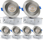 Brushed Nickel Recessed Lighting 4 Inch 6 Pack, Ajustable Eyeball recessed Light with Junction Box,5 Color Selectable,Airtight,9W 750LM,Dimmable,Brushed Nickel