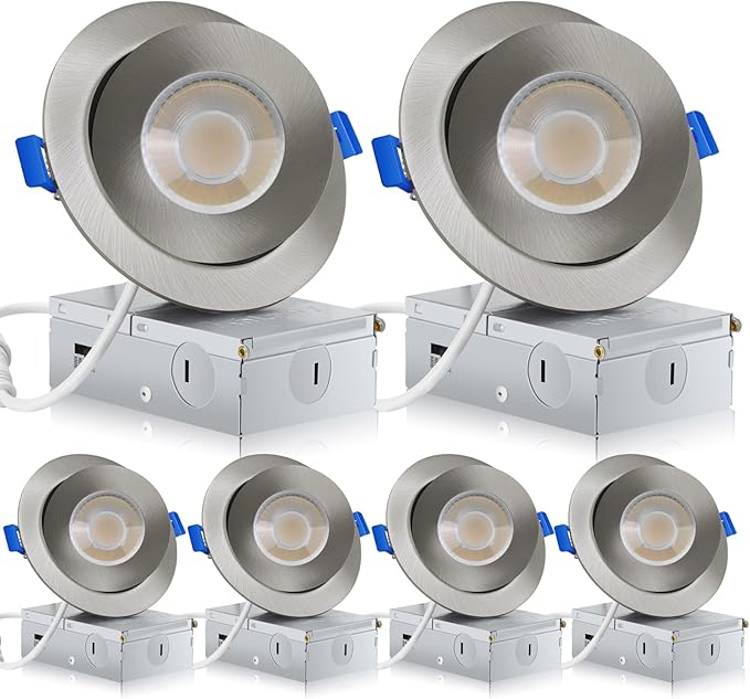 Brushed Nickel Recessed Lighting 4 Inch 6 Pack, Ajustable Eyeball recessed Light with Junction Box,5 Color Selectable,Airtight,9W 750LM,Dimmable,Brushed Nickel