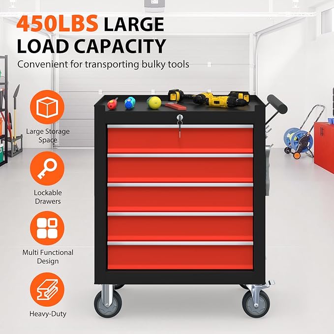 5-Drawer Rolling Tool Chest, Tool Box with 4 Wheels and Drawers, High Capacity Detachable Mobile Tool Storage Cabinet for Garage, Workshop, Mechanics and Repair Room (Black&Red)