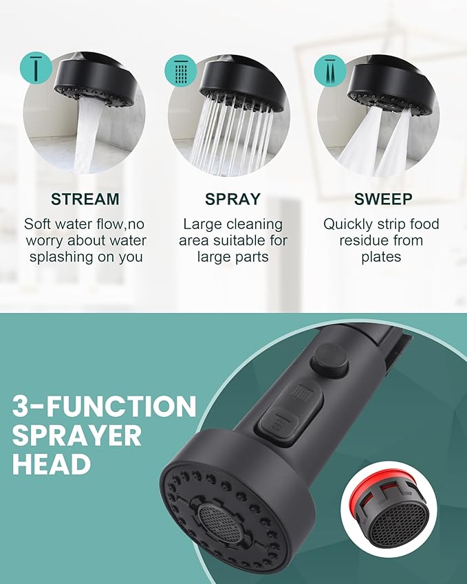 Kitchen Faucets with Pull Down Sprayer: Matte Black 3-Function Kitchen Sink Faucets for 1 or 3 Hole - Stainless Steel Single Handle Spring Kitchen Faucets with Deck Plate for Farmhouse RV Laundry
