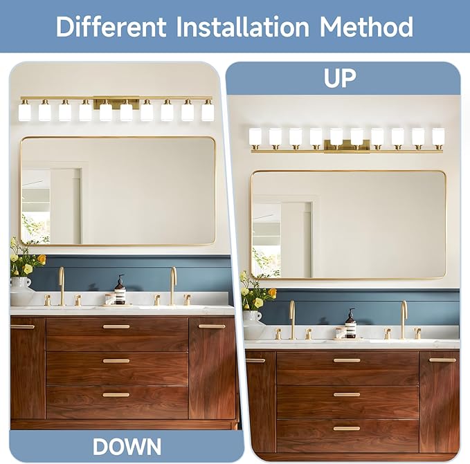 Gold Bathroom Vanity Light,10-Light Brushed Gold Bathroom Light Fixtures with Square Frosted Glass,64.5in Wall Lamp Sconces for Mirror Bedroom,Living Room Hallway,E26