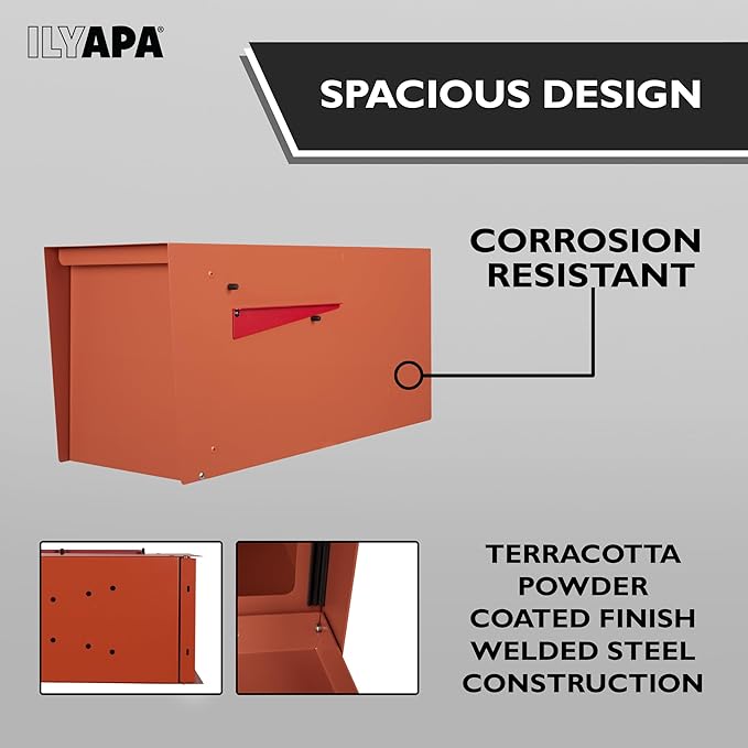 Ilyapa Modern Mailbox for Outside Post Mount - Terracotta Heavy Duty Powder Coated Metal Mailbox, Waterproof Letter Box for Parcels