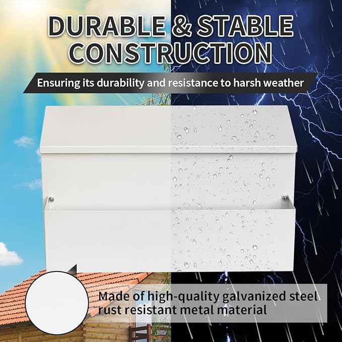 Wall Mount Mailbox, Large Capacity for House, Outside, with 3 Sets of 0-9 Number Stickers & Flower Planter, Galvanized Steel Rust-Proof Metal Post Drop Box, 15.74"×9.84"×6.41" White