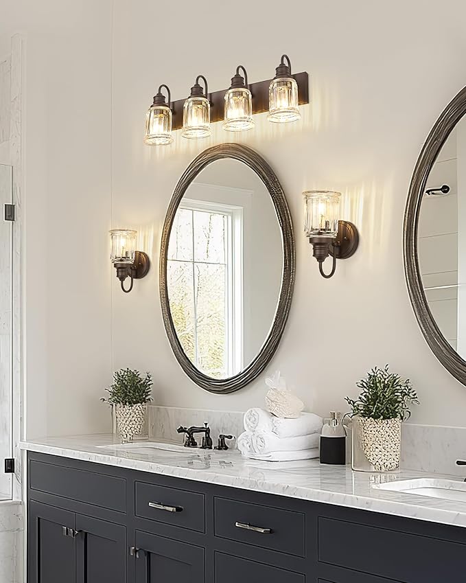 Bathroom Vanity Light - HWH 4-Light Vanity Lights for Bathroom Wall Mounted Light Fixtures Over Mirror, Oil Rubbed Bronze Vanity Light with Bell-Shaped Clear Glass, 5HZG106B-4W ORB